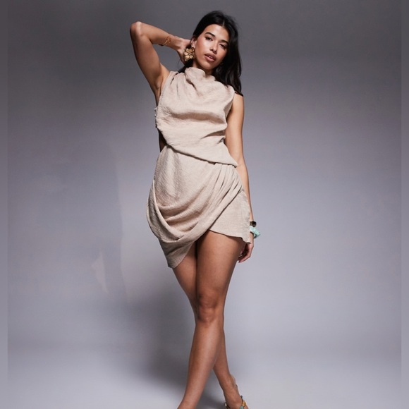 ASOS Design Size US 10 Asymmetric Drape Cut-Out Mini Dress Mocha - Picture 2 of 13